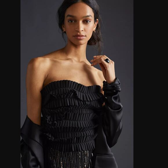 Anthropologie Pleated Ruffle Black Tube Top - New - Medium - Picture 1 of 3